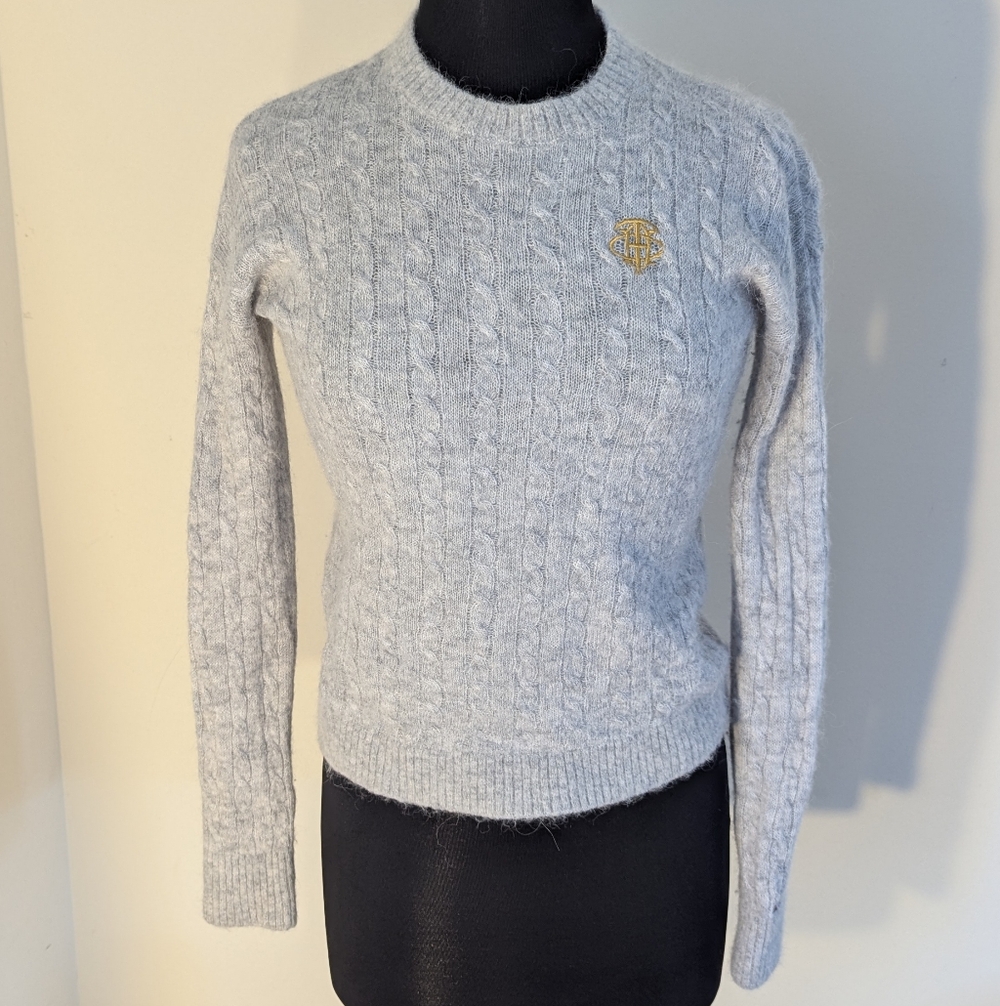 Tommy Hilfiger Wool Alpaca Blend Light Gray Monogram Logo Cable Knit Sweater M